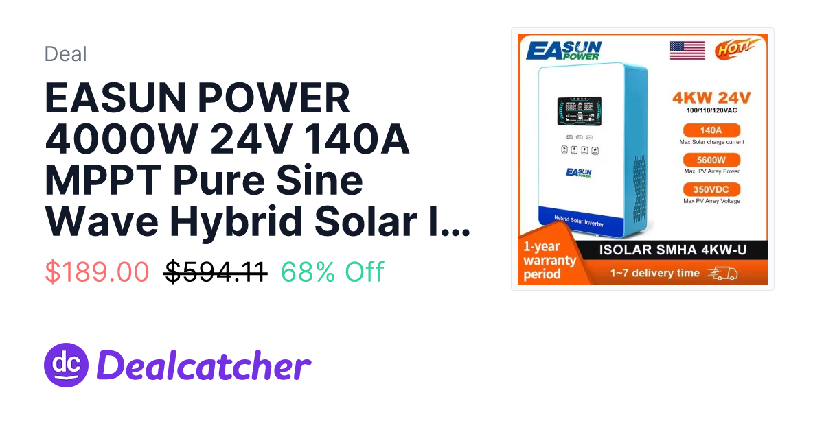 AliExpress - EASUN POWER 4000W 24V 140A MPPT Pure Sine Wave Hybrid Solar Inverter $189.00
