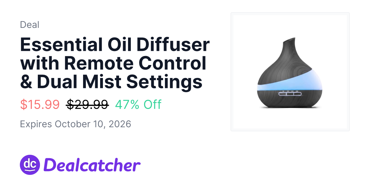 Amazon - Essential Oil Diffuser with Remote Control & Dual Mist Settings $15.99
