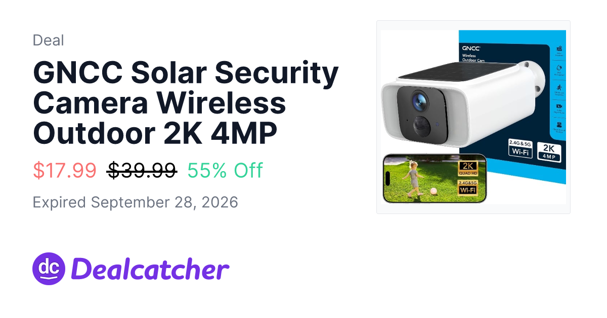 Amazon - GNCC Solar Security Camera Wireless Outdoor 2K 4MP $17.99