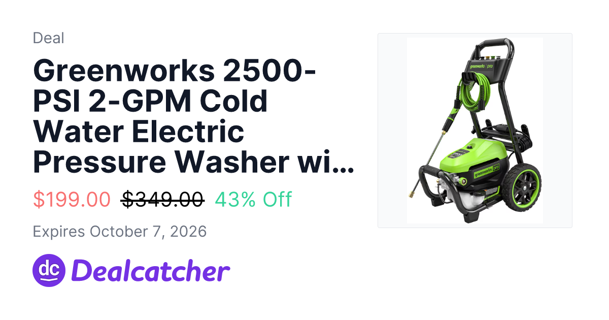 Lowes - Greenworks 2500-PSI 2-GPM Cold Water Electric Pressure Washer with 5 Spray Tips $199.00