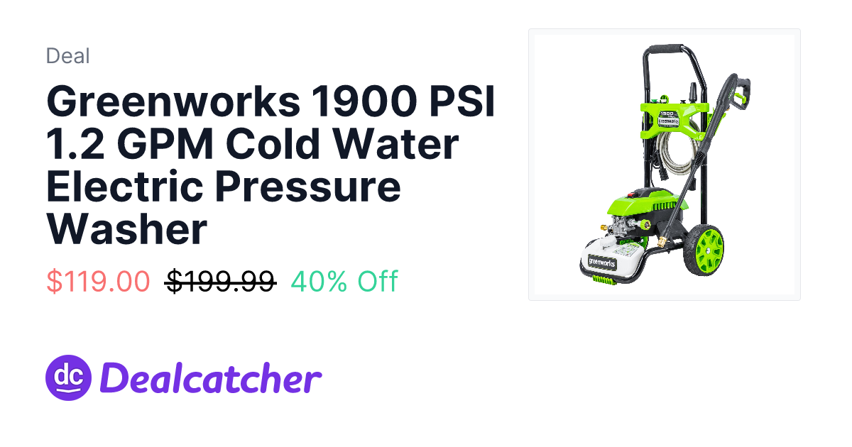 Greenworks Tools - Greenworks 1900 PSI 1.2 GPM Cold Water Electric Pressure Washer $119.00