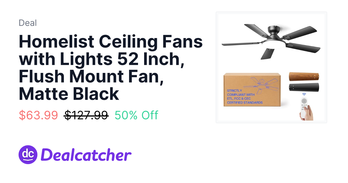 Amazon - Homelist Ceiling Fans with Lights 52 Inch, Flush Mount Fan, Matte Black $63.99