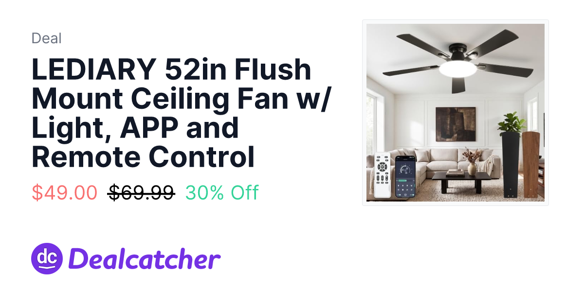 Amazon - LEDIARY 52in Flush Mount Ceiling Fan w/ Light, APP and Remote Control $49.00