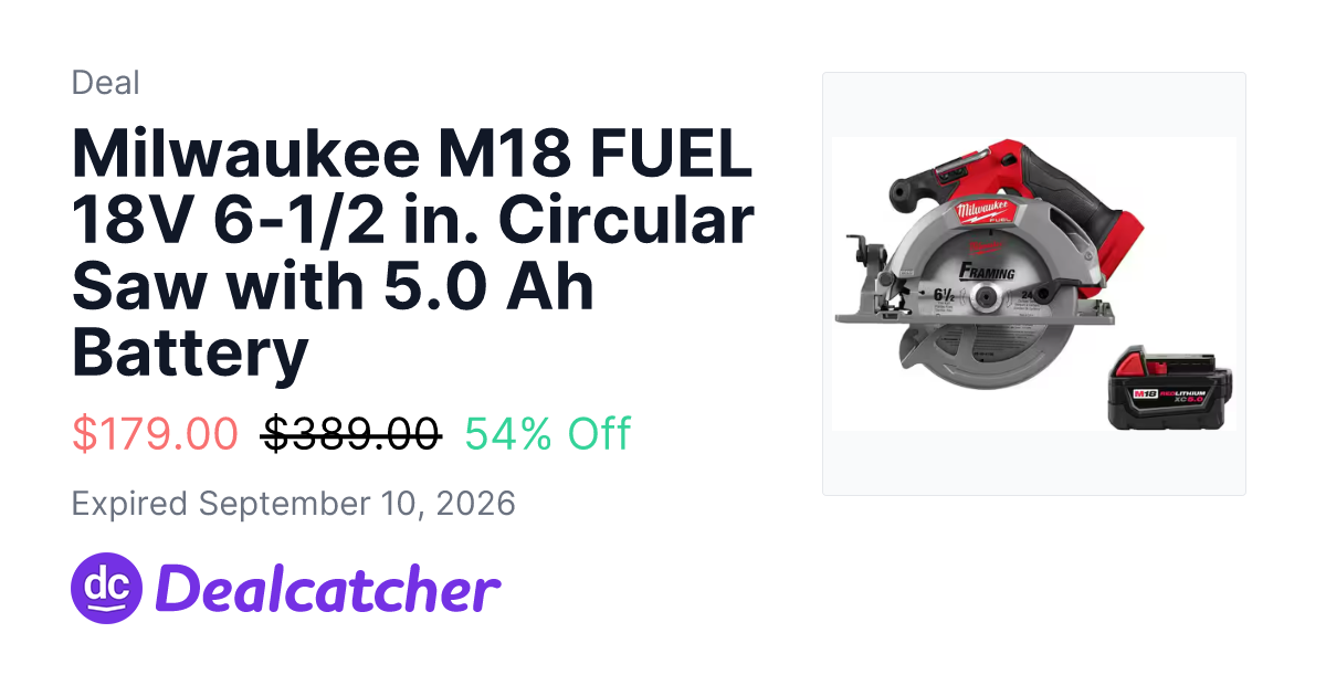 Home Depot - Milwaukee M18 FUEL 18V 6-1/2 in. Circular Saw with 5.0 Ah Battery $179.00