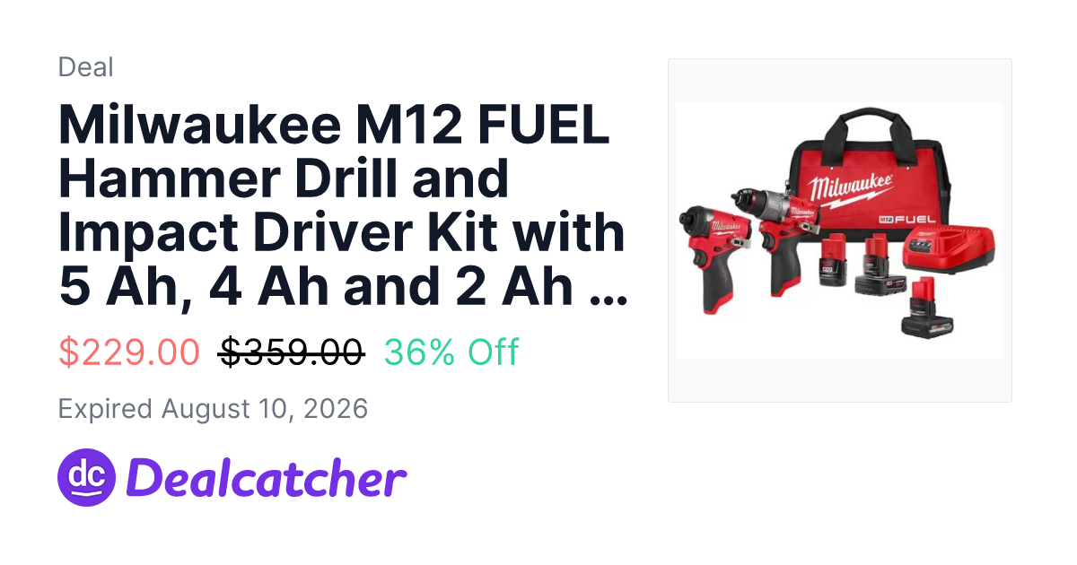 Home Depot - Milwaukee M12 FUEL Hammer Drill and Impact Driver Kit with 5 Ah, 4 Ah and 2 Ah Batteries & Bag (2-Tool) $229.00