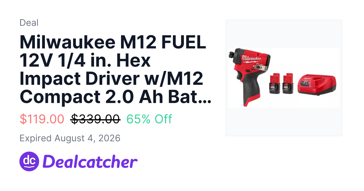 Home Depot - Milwaukee M12 FUEL 12V 1/4 in. Hex Impact Driver w/M12 Compact 2.0 Ah Battery (2-Pack) Starter Kit $119.00