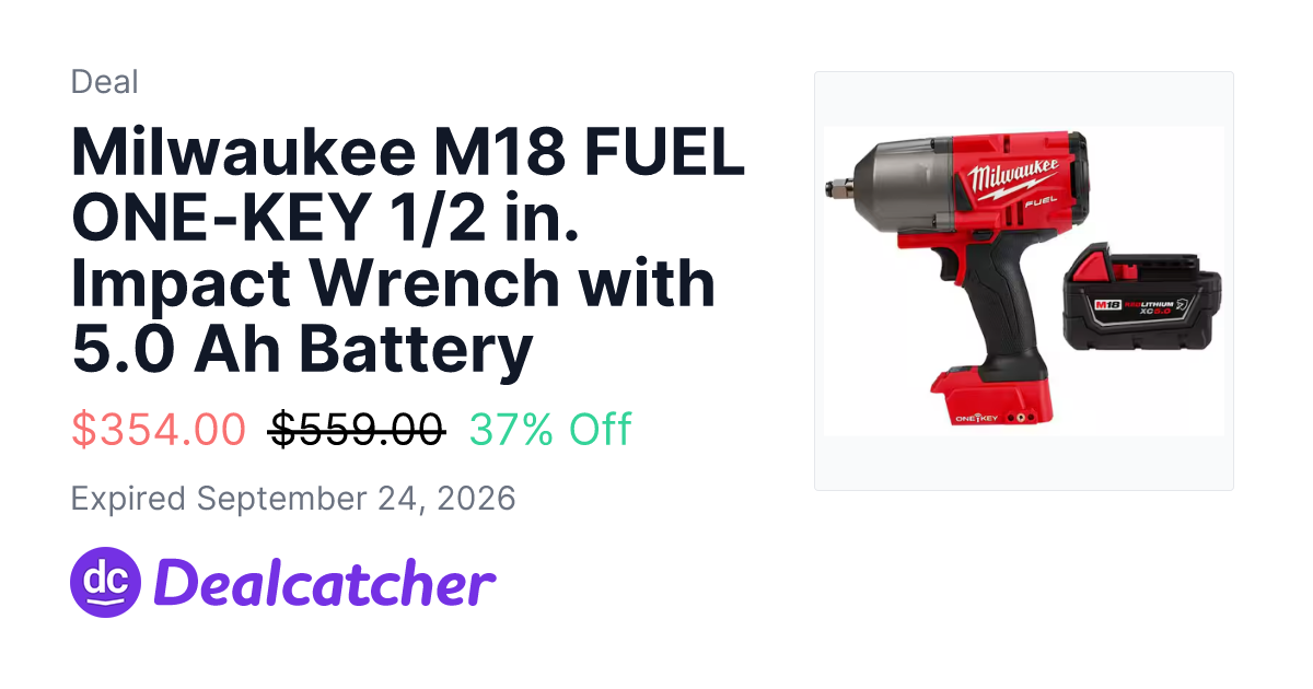 Home Depot - Milwaukee M18 FUEL ONE-KEY 1/2 in. Impact Wrench with 5.0 Ah Battery $354.00