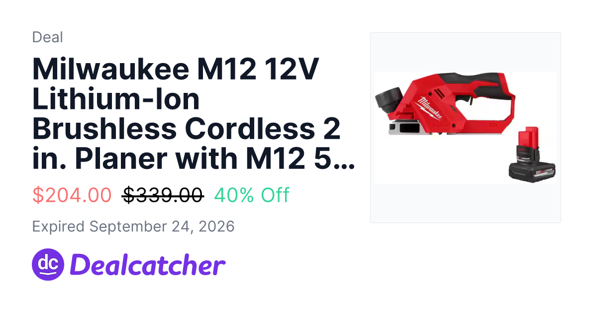 Home Depot - Milwaukee M12 12V Lithium-Ion Brushless Cordless 2 in. Planer with M12 5.0 Ah Battery $204.00