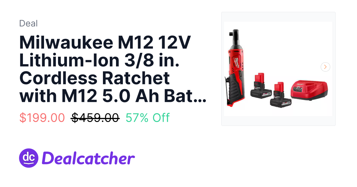 Home Depot - Milwaukee M12 12V Lithium-Ion 3/8 in. Cordless Ratchet with M12 5.0 Ah Battery (2-Pack) Starter Kit $199.00