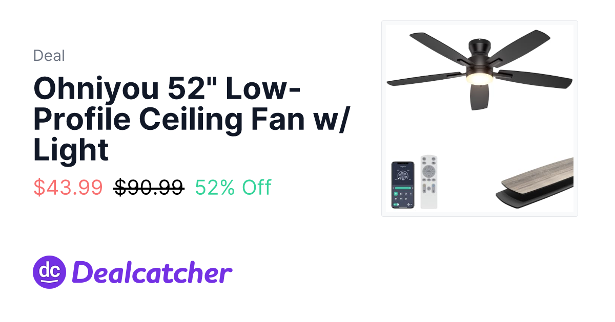Amazon - Ohniyou 52" Low-Profile Ceiling Fan w/ Light $43.99