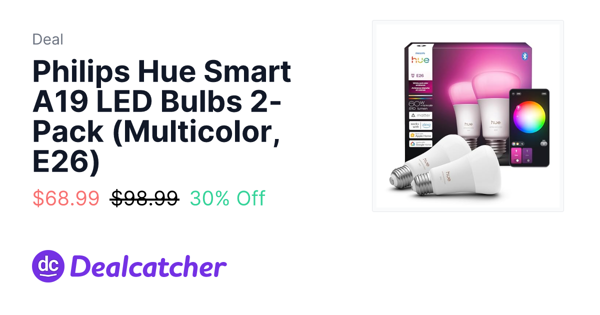 Amazon - Philips Hue Smart A19 LED Bulbs 2-Pack (Multicolor, E26) $68.99