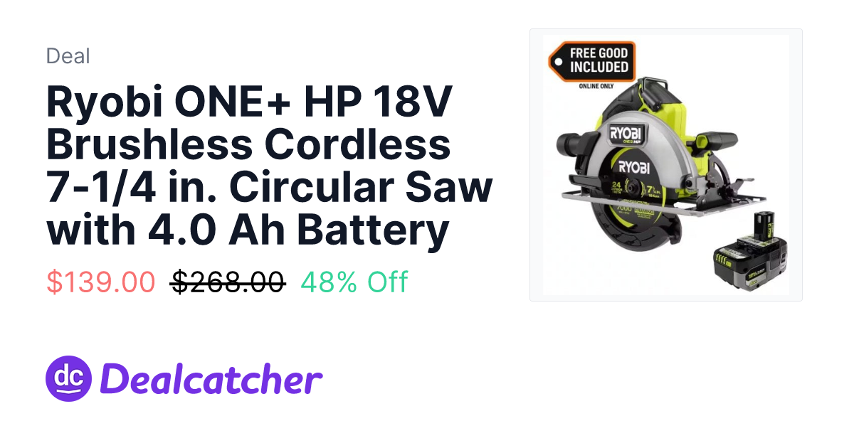 Home Depot - Ryobi ONE+ HP 18V Brushless Cordless 7-1/4 in. Circular Saw with 4.0 Ah Battery $139.00