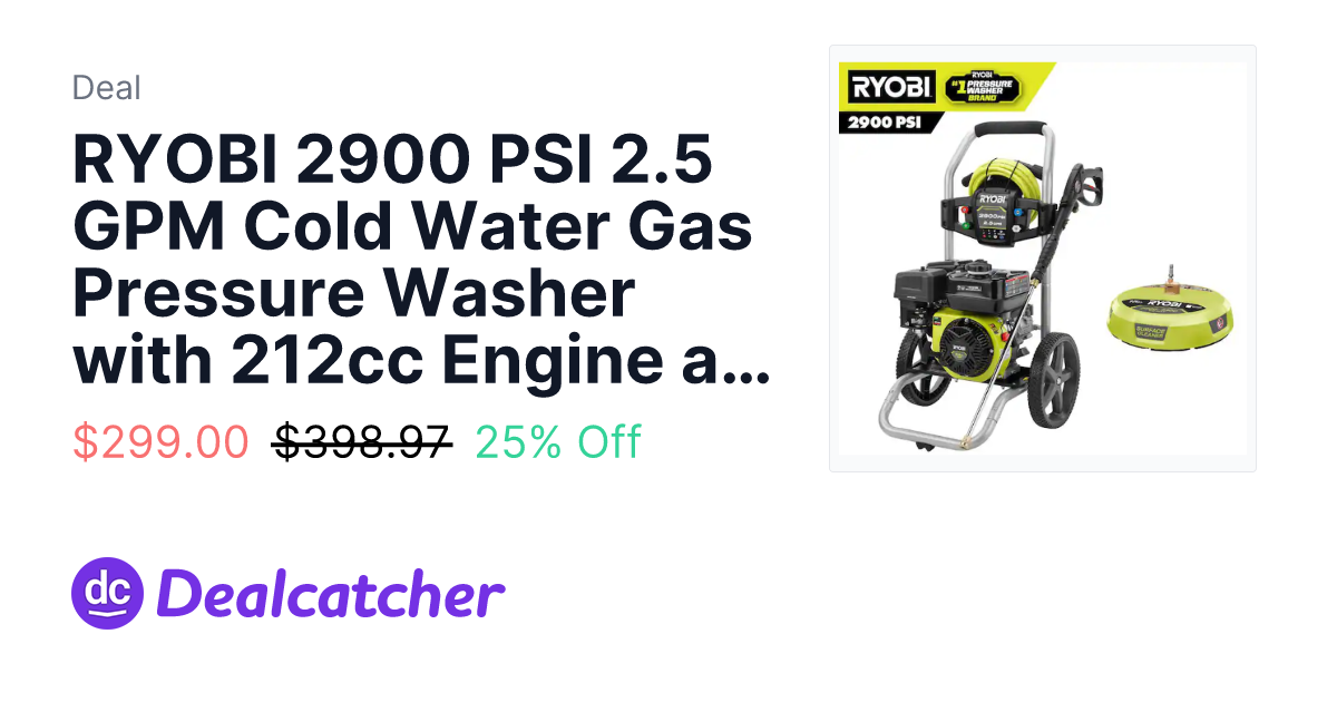 Home Depot - RYOBI 2900 PSI 2.5 GPM Cold Water Gas Pressure Washer with 212cc Engine and 15 in. Surface Cleaner $299.00
