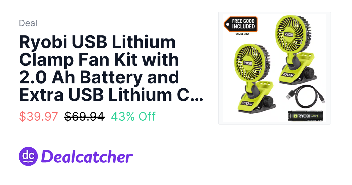 Home Depot - Ryobi USB Lithium Clamp Fan Kit with 2.0 Ah Battery and Extra USB Lithium Cordless Clamp Fan $39.97
