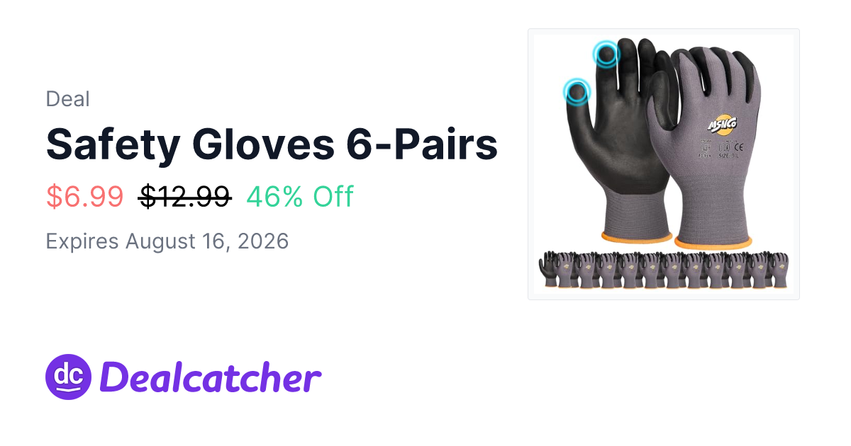 Amazon - Safety Gloves 6-Pairs $6.99