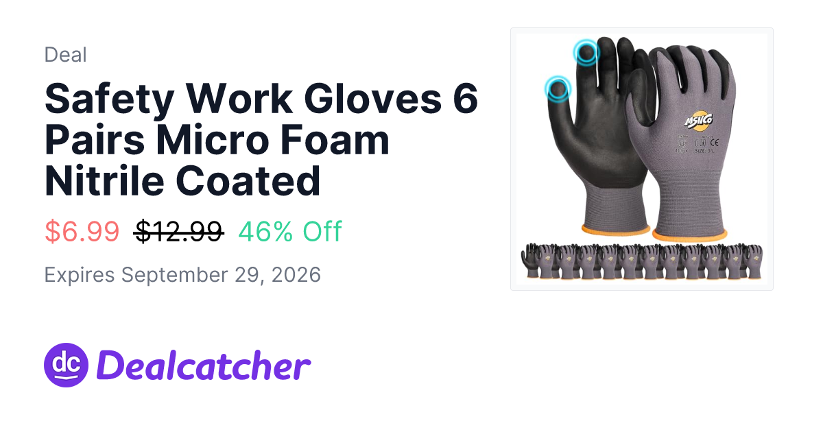 Amazon - Safety Work Gloves 6 Pairs Micro Foam Nitrile Coated $6.99