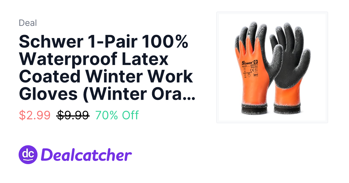 Amazon - Schwer 1-Pair 100% Waterproof Latex Coated Winter Work Gloves (Winter Orange, size M, L or XXL) $2.99