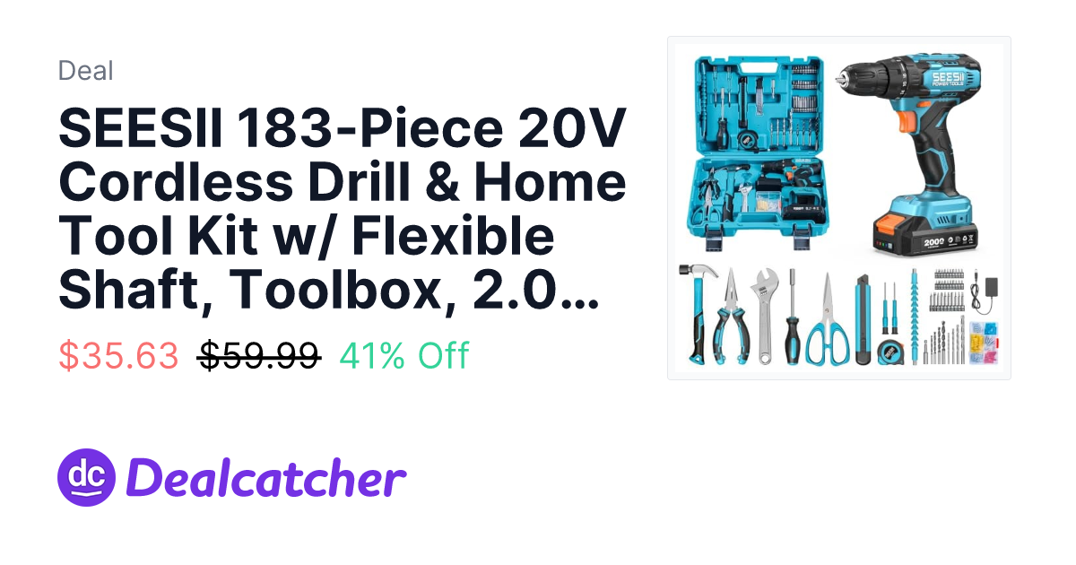 Amazon - SEESII 183-Piece 20V Cordless Drill & Home Tool Kit w/ Flexible Shaft, Toolbox, 2.0Ah Battery & Charger $35.63