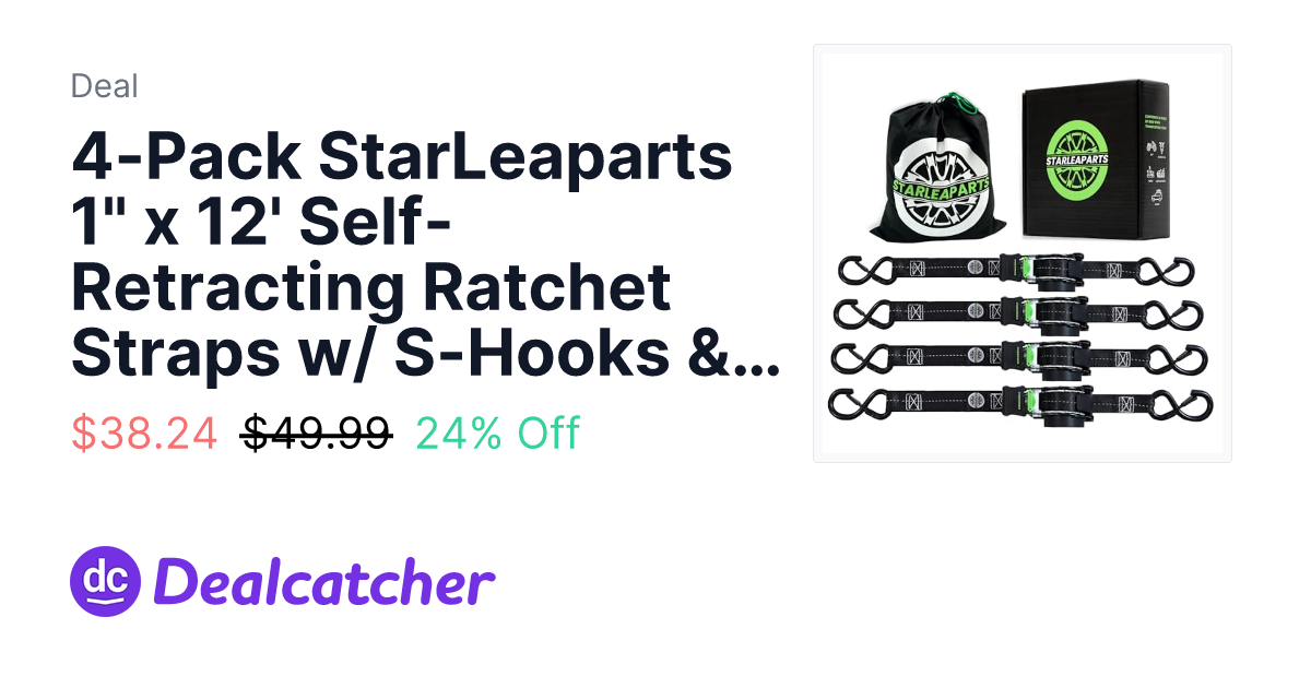 Amazon - 4-Pack StarLeaparts 1" x 12' Self-Retracting Ratchet Straps w/ S-Hooks & Carrying Bag (Black) $38.24