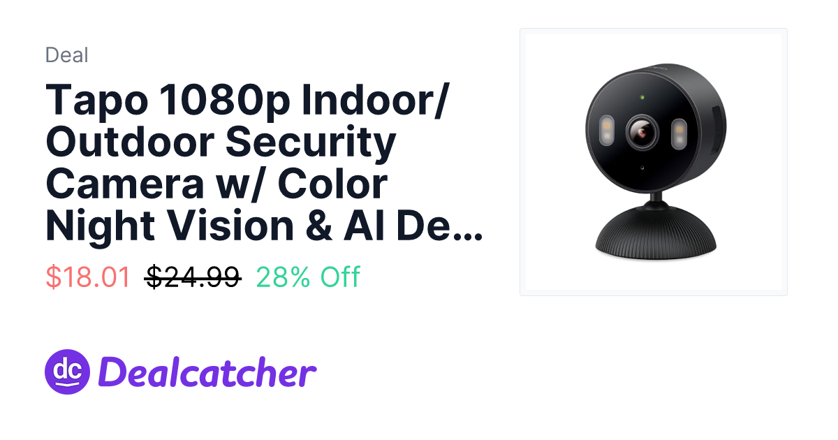 Amazon - Tapo 1080p Indoor/Outdoor Security Camera w/ Color Night Vision & AI Detection $18.01