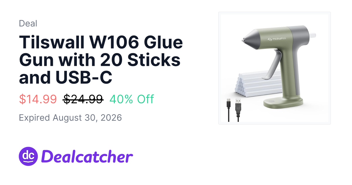 Amazon - Tilswall W106 Glue Gun with 20 Sticks and USB-C $14.99