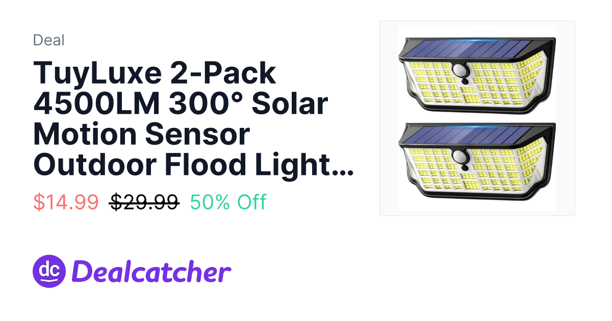 Amazon - TuyLuxe 2-Pack 4500LM 300° Solar Motion Sensor Outdoor Flood Light w/ 326 LEDs $14.99
