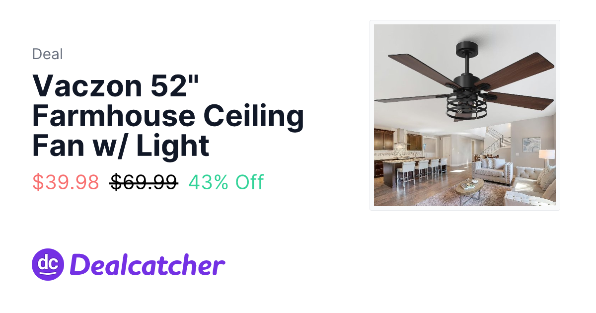 Amazon - Vaczon 52" Farmhouse Ceiling Fan w/ Light $39.98