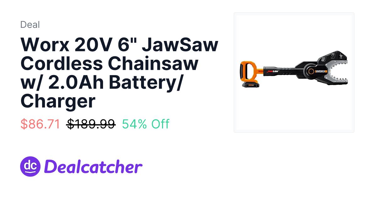 Amazon - Worx 20V 6" JawSaw Cordless Chainsaw w/ 2.0Ah Battery/Charger $86.71