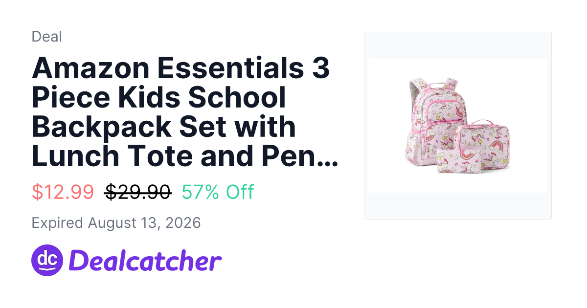 Woot - Amazon Essentials 3 Piece Kids School Backpack Set with Lunch Tote and Pencil Case (Pink) $12.99