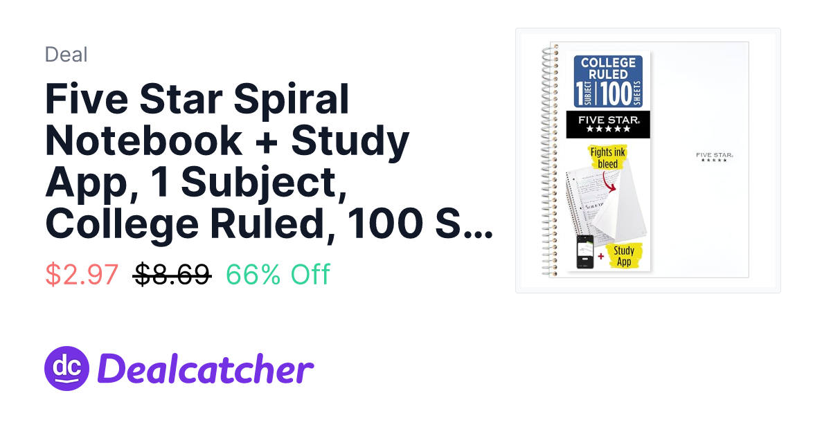 Amazon - Five Star Spiral Notebook + Study App, 1 Subject, College Ruled, 100 Sheets $2.97