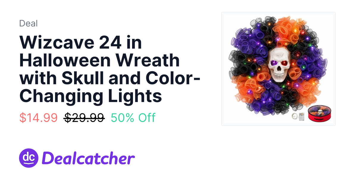 Amazon - Wizcave 24 in Halloween Wreath with Skull and Color-Changing Lights $14.99