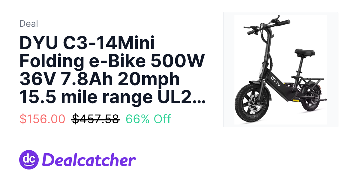 AliExpress - DYU C3-14Mini Folding e-Bike 500W 36V 7.8Ah 20mph 15.5 mile range UL2849 integrated head/tail lights $156.00