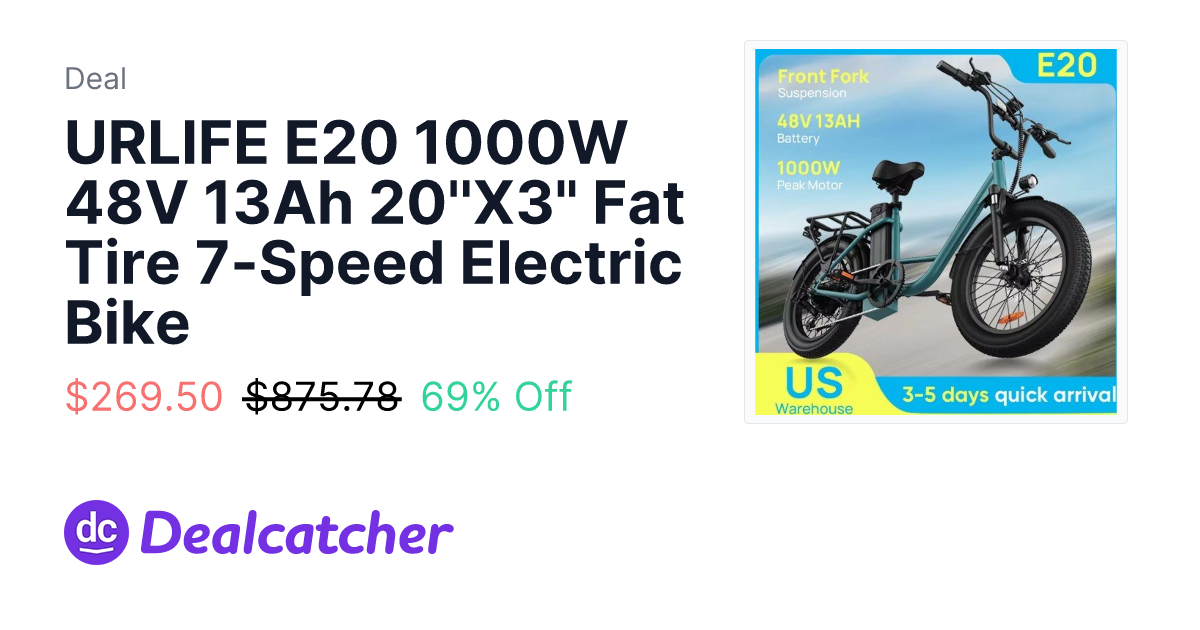 AliExpress - URLIFE E20 1000W 48V 13Ah 20''X3" Fat Tire 7-Speed Electric Bike $269.50