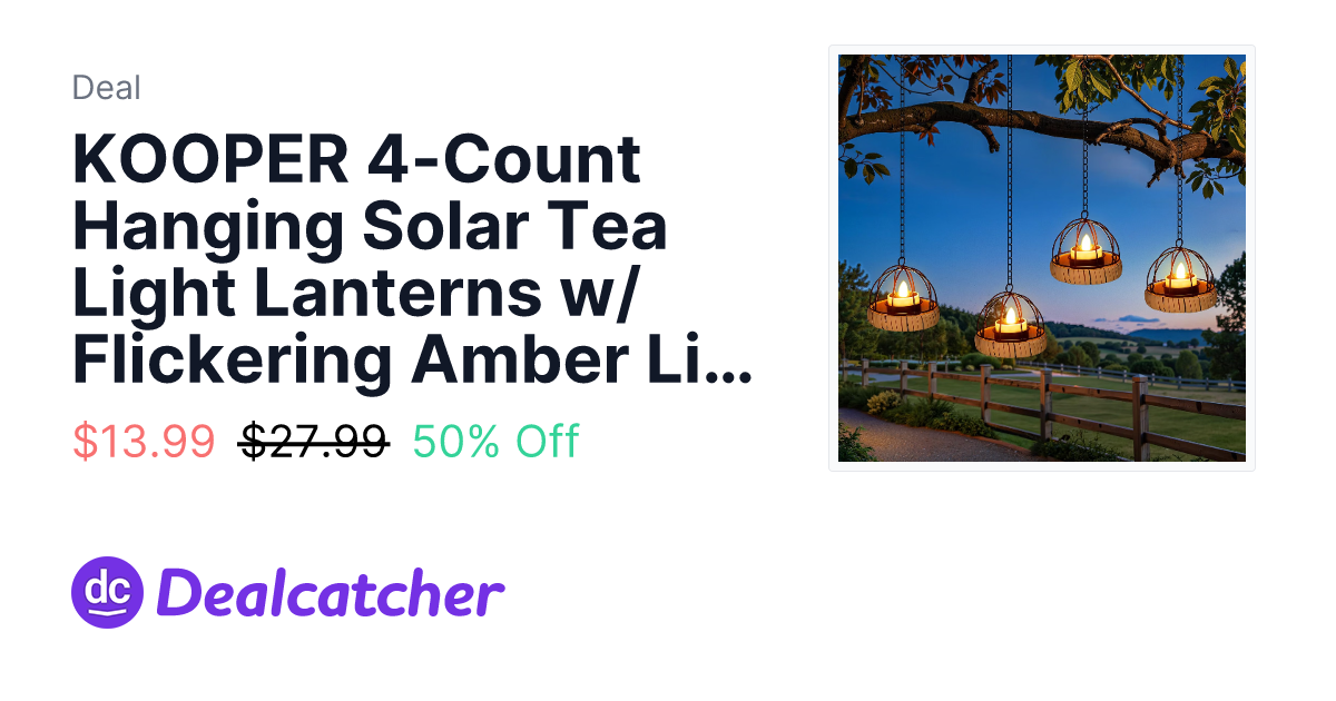 Amazon - KOOPER 4-Count Hanging Solar Tea Light Lanterns w/ Flickering Amber Light $13.99