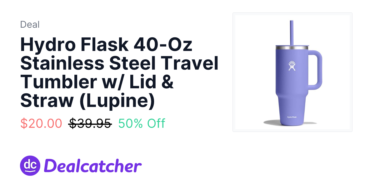 Amazon - Hydro Flask 40-Oz Stainless Steel Travel Tumbler w/ Lid & Straw (Lupine) $20.00