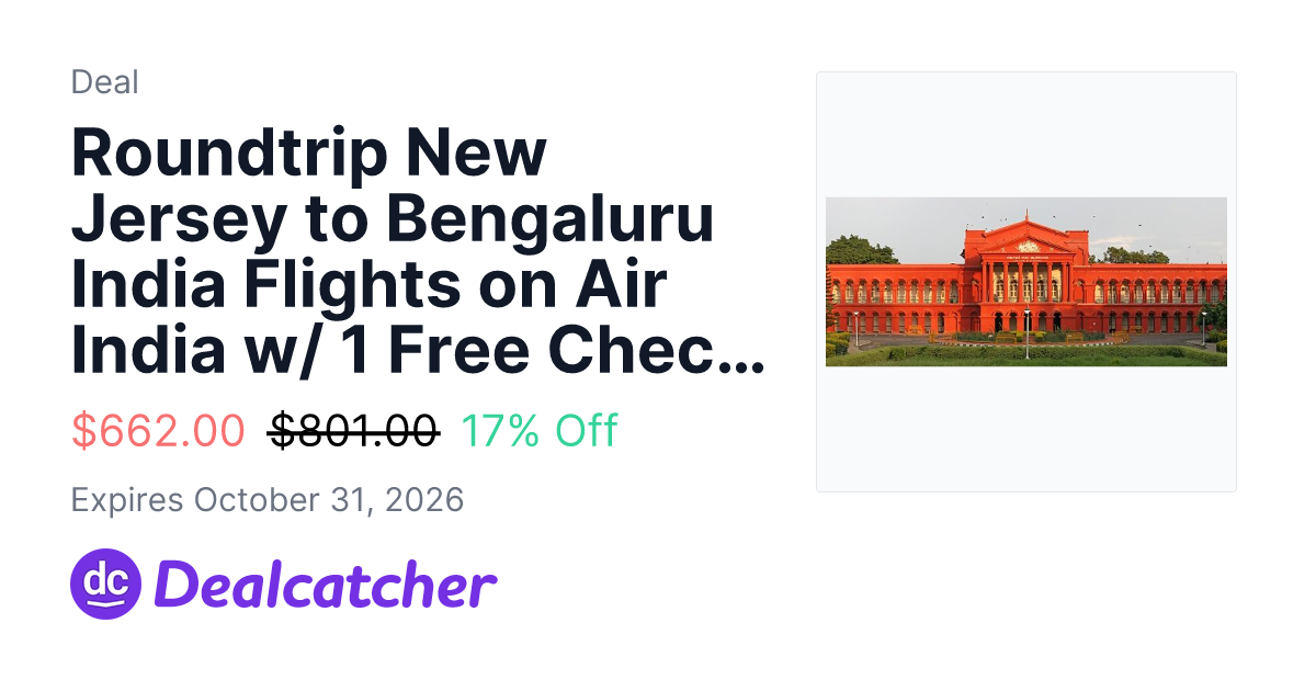 Expedia - Roundtrip New Jersey to Bengaluru India Flights on Air India w/ 1 Free Check Bag $662.00