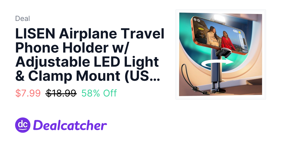 Amazon - LISEN Airplane Travel Phone Holder w/ Adjustable LED Light & Clamp Mount (USB-C Rechargeable) $7.99