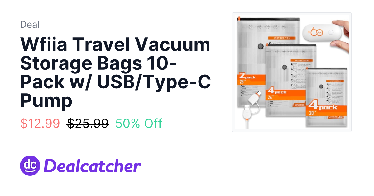 Amazon - Wfiia Travel Vacuum Storage Bags 10-Pack w/ USB/Type-C Pump $12.99